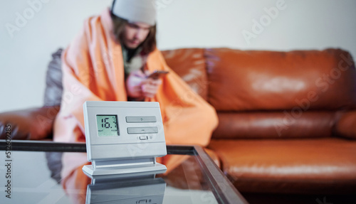 Tableau sur toile Cold season, close up of indoor thermometer with low temperature
