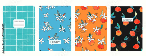 Set of cover page templates with hand drawn tangerine, orange in bloom. Based on seamless patterns. Headers isolated and replaceable. Perfect for notebooks, notepads, diaries, etc