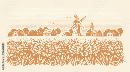 Organic Farming landscape. Farm and Flowers