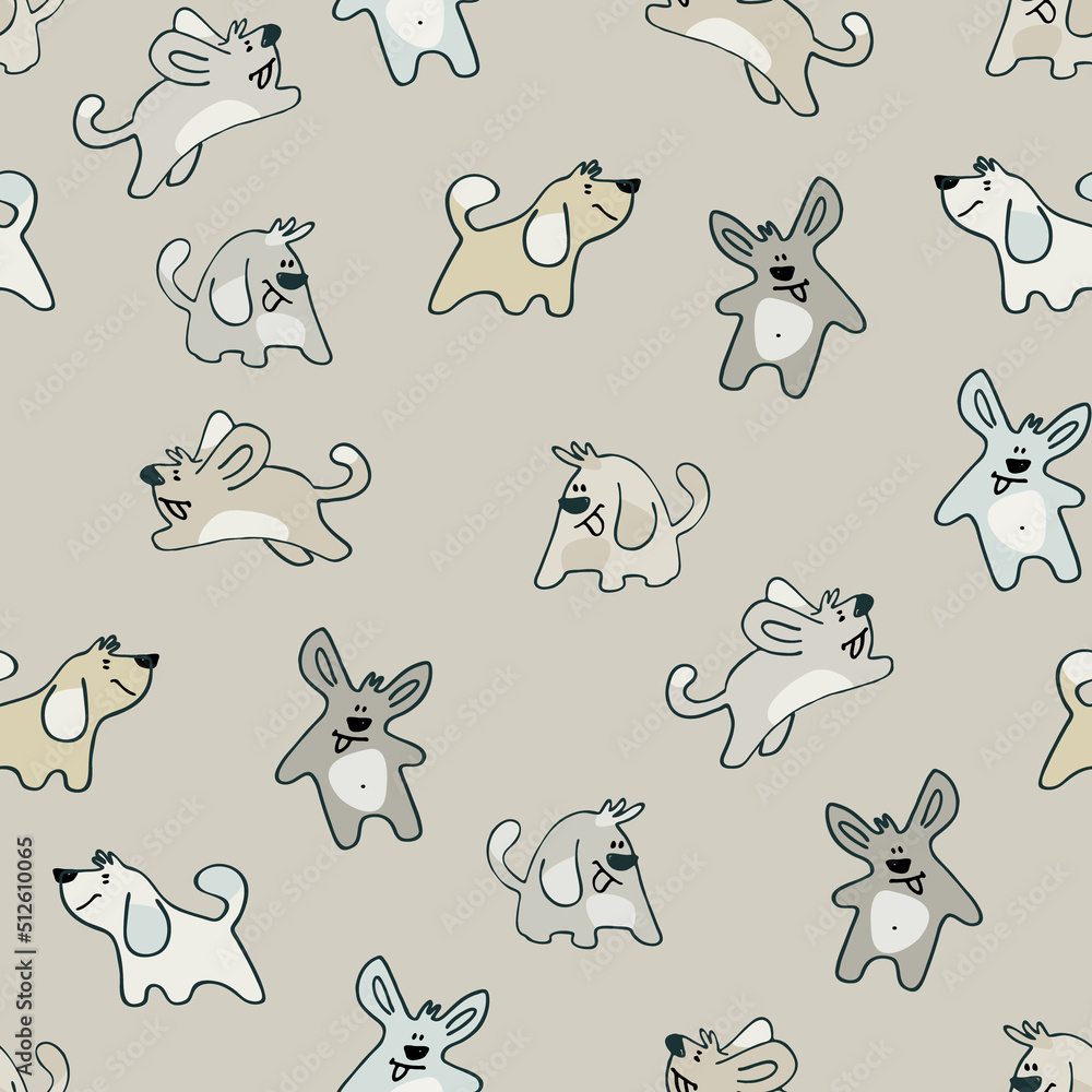 Seamless pattern with funny dogs playing. Perfect for kids. Puppies, dog, terrier doodles on white background