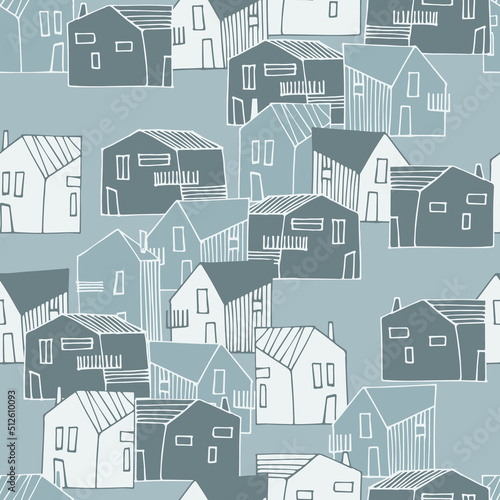 Seamless pattern with small detached, single-family houses on gray background for surface design and other design projects