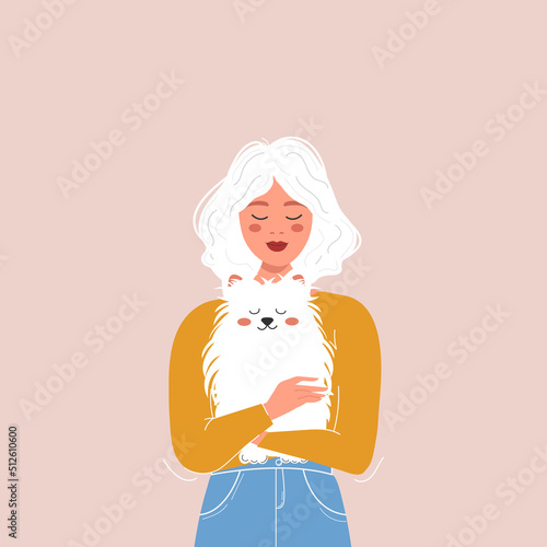 Love for animals and pets. Cute girl holding her white fluffy dog. Vector cartoon illustration with a woman and a spitz.