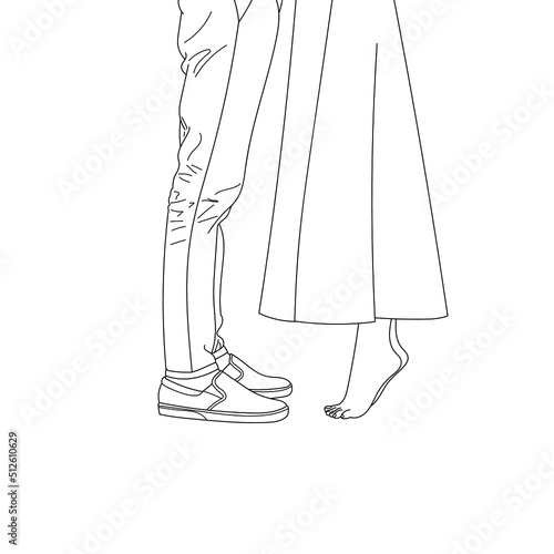 Feet of two lovers, bride and groom on their wedding day. The guy in the shoes, the girl is barefoot. Romantic Outdoor with summer season nature on background. Vector otuline doodle illustration.