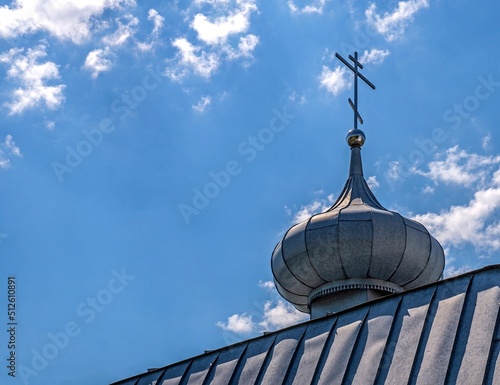 General view and architectural details of the temple, the Orthodox Church of the Kaspierowska Icon of the Mother of God, built in 1996, in the village of Widowo in the south of Poland.