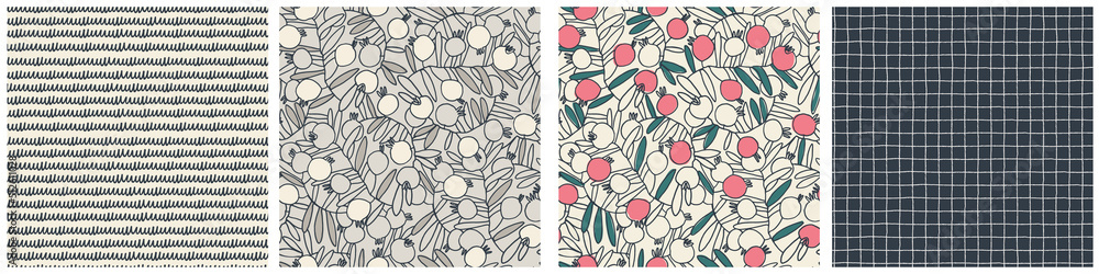 Seamless patterns set. Pomegranate tree branches with fruit. Outlined vector illustration on light-colored background for surface design and other design projects