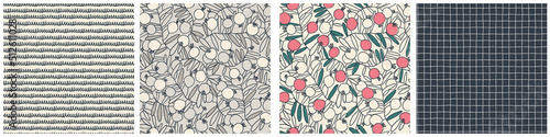 Seamless patterns set. Pomegranate tree branches with fruit. Outlined vector illustration on light-colored background for surface design and other design projects