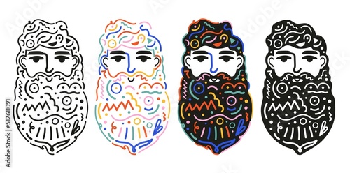 Abstract print design with bearded man and doodle elements. Colored poster  fashion pattern with geometric elements