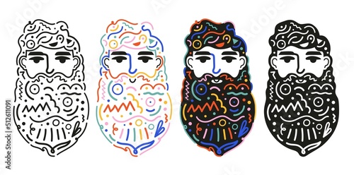Abstract print design with bearded man and doodle elements. Colored poster, fashion pattern with geometric elements