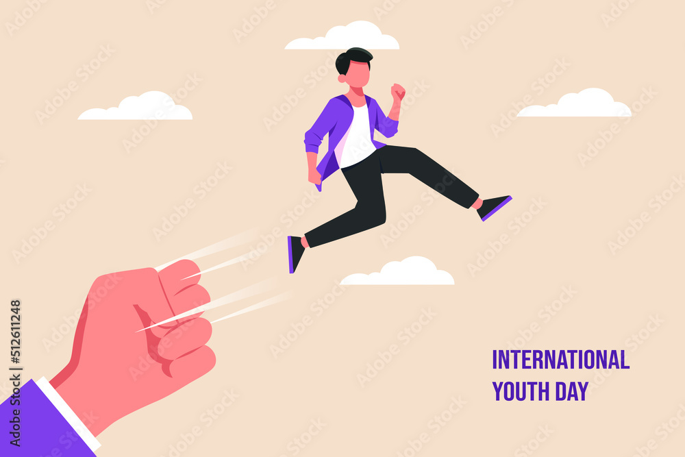 Happy young boy jumping with hand boost. International Youth day. Flat vector illustration isolated. Happy young boy jumping with hand boost. International Youth day. Flat vector illustration isolated.