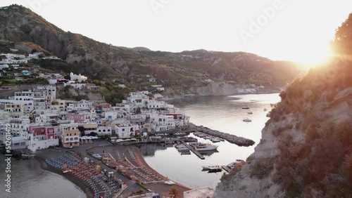 Sant’Angelo village on Ischia island at sunrise, aerial shot.