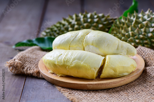 Long Laplae Durian on wood plate,It is the most expensive and most delicious of all durians.
