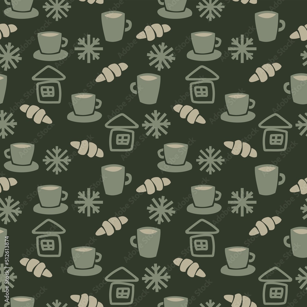 Coffee cups and croissants seamless pattern design