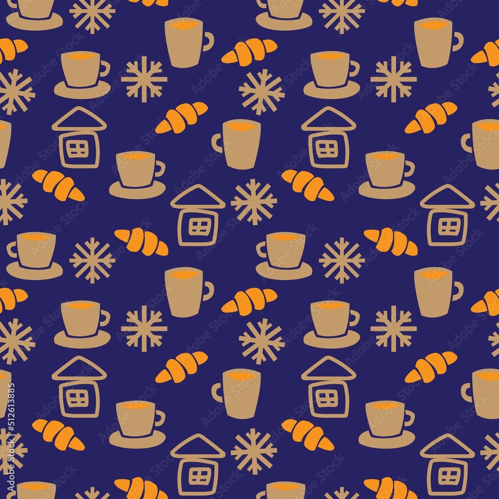 Coffee cups and croissants seamless pattern design