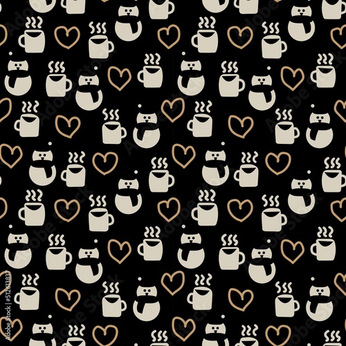 Coffee cups and snowmen seamless pattern design