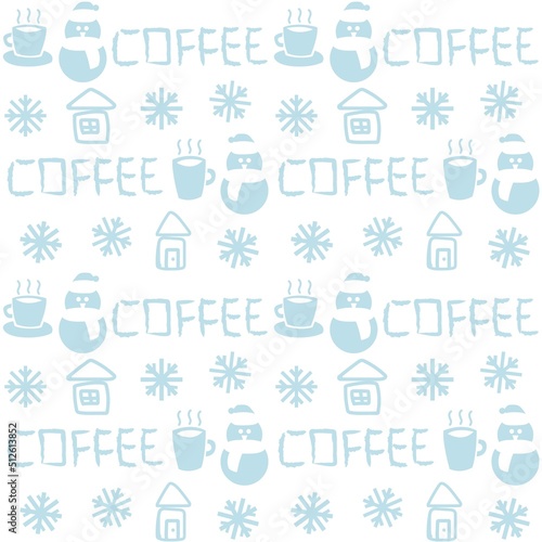 Coffee cups and snowmen seamless pattern design with texts