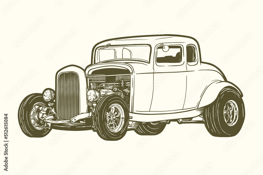 Hot rod vintage classic car - Hand drawn - Out line
