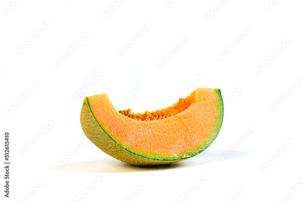 slice of japanese melons, orange melon or cantaloupe melon with seeds isolated slice of japanese melons, orange melon or cantaloupe melon with seeds isolated