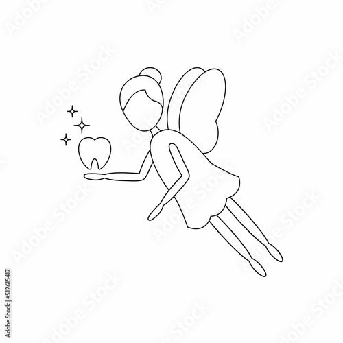 Cute tooth fairy with wings and tooth. Line art icon. Vector illustration