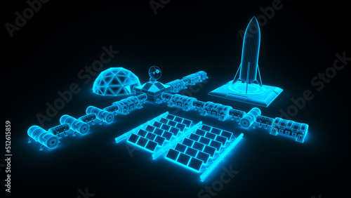 a blue wireframe from a space station (3d rendering)