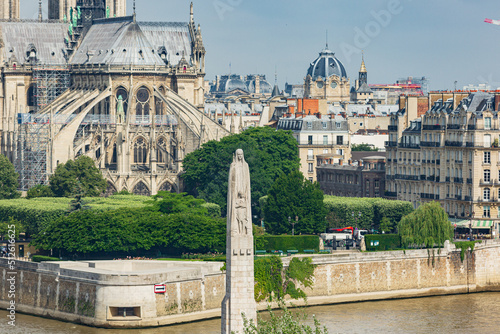 Aerial view of the Statue of Saint Genevieve with Paris in the background