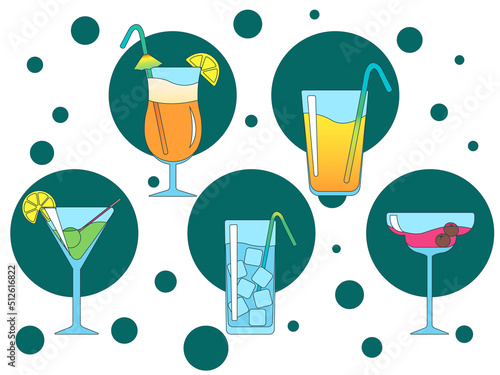 set cocktails in color illustration