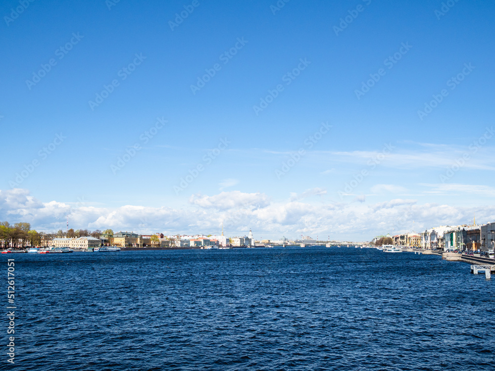 blue sky over Great Neva river in St Petersburg