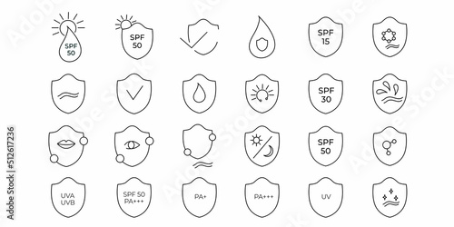 SPF 50, 30, 15 sun protection icon set. Vector stock illustration isolated on white background for packaging design sunscreen face cream, body lotion, hair shampoo. 