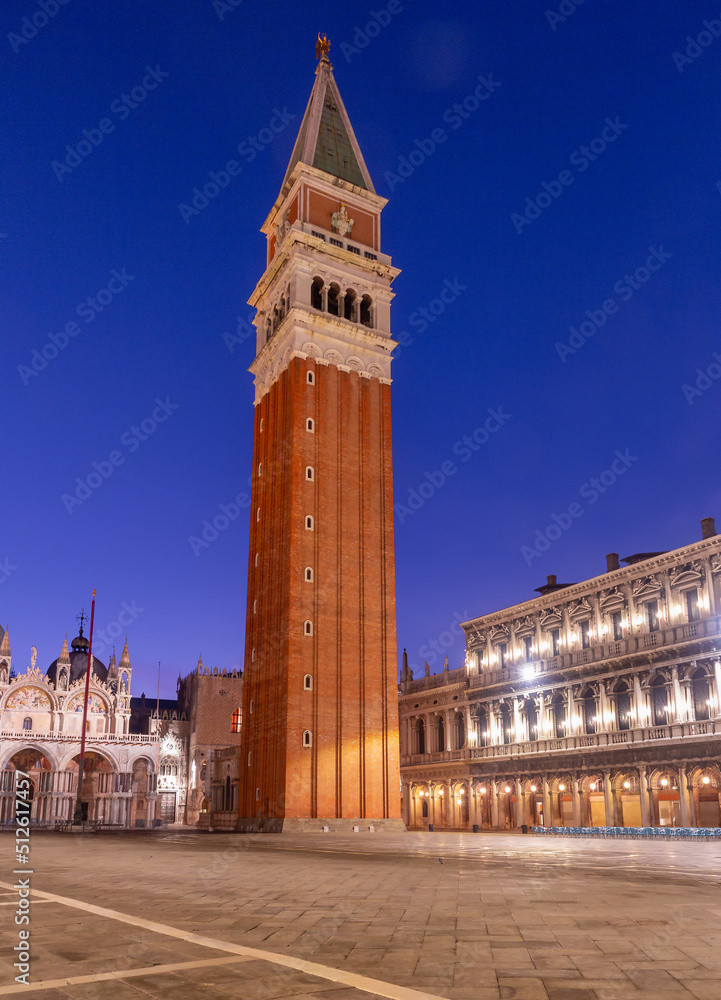 Venice. View of Piazza San Marco and the old medieval bell tower at dawn.