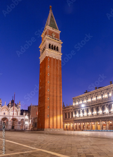 Venice. View of Piazza San Marco and the old medieval bell tower at dawn. © pillerss