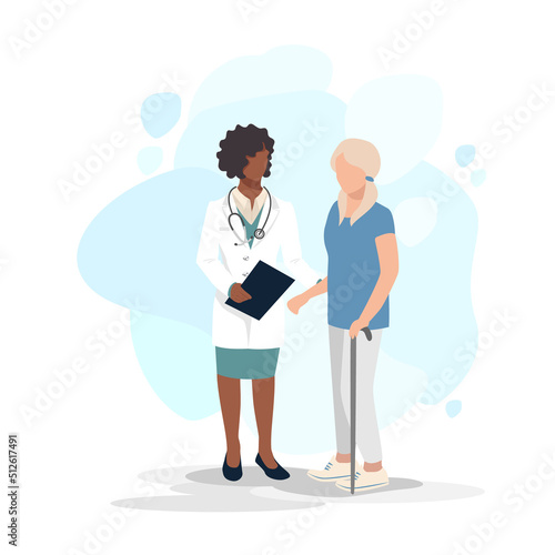 The patient is undergoing orthopedic rehabilitation with a physiotherapist. Physiotherapy. Restoration of health after illness and injury. Flat vector illustration.