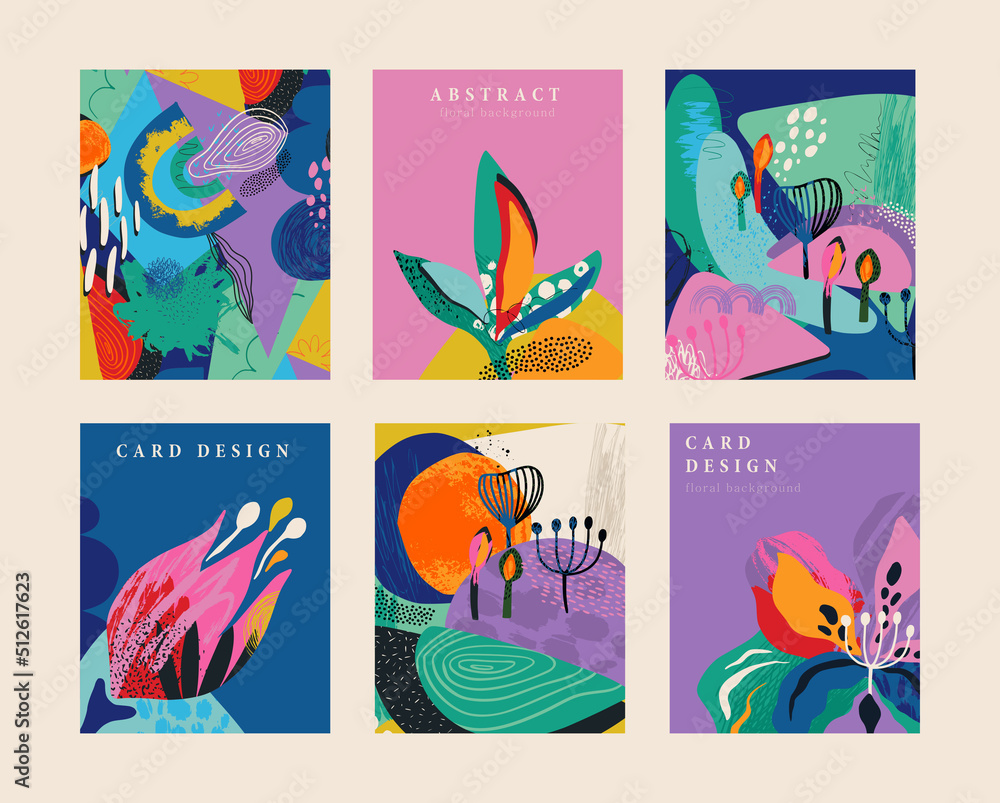 Set of six vector pre-made cards in modern abstract style with nature motifs, flowers, leaves and hand drawn texture.
