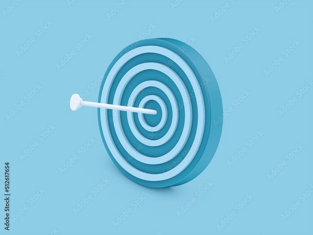 dart hit to center of dartboard. Arrow on bullseye in target. Business success, investment goal, opportunity challenge, aim strategy, achievement focus concept. 3d model dart hit to center of dartboard. Arrow on bullseye in target. Business success, investment goal, opportunity challenge, aim strategy, achievement focus concept. 3d model