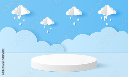 Paper cut of white cylinder podium for products display presentation with clouds, raindrops and lightning. Vector illustration