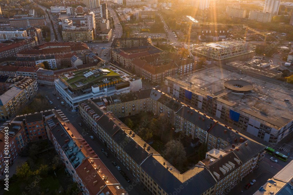 Aerial view of atrendy neihborhood in Malmo, sweden in autumn with sunlight