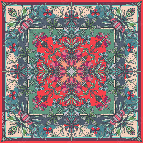 Vector colorful shawl print with beautiful hand drawn floral pattern