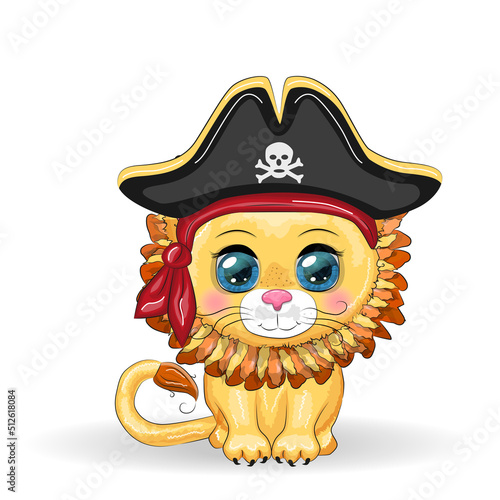 Lion pirate, cartoon character of the game, wild animal cat in a bandana and a cocked hat with a skull, with an eye patch. Character with bright eyes