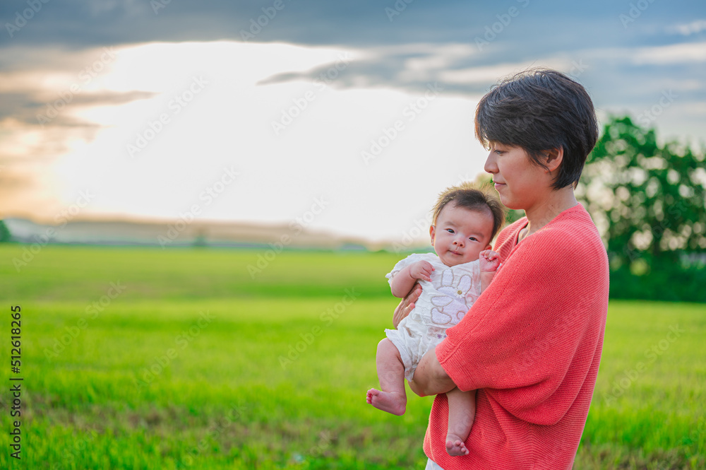 Fototapeta premium 北海道の広い大地と空と親子