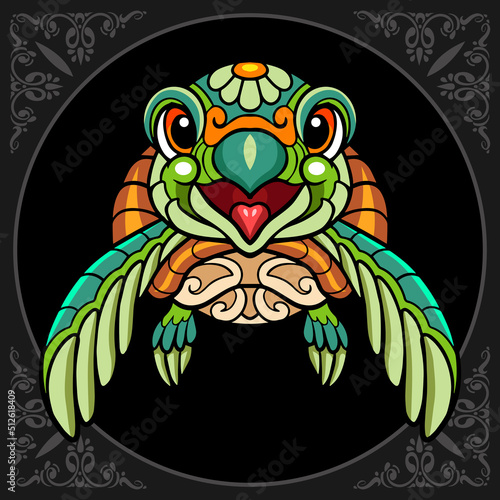 Colorful cute sea turtle cartoon zentangle arts. isolated on black background.