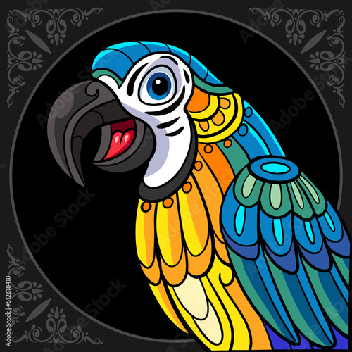 Colorful cute macaw bird cartoon zentangle arts. isolated on black background.