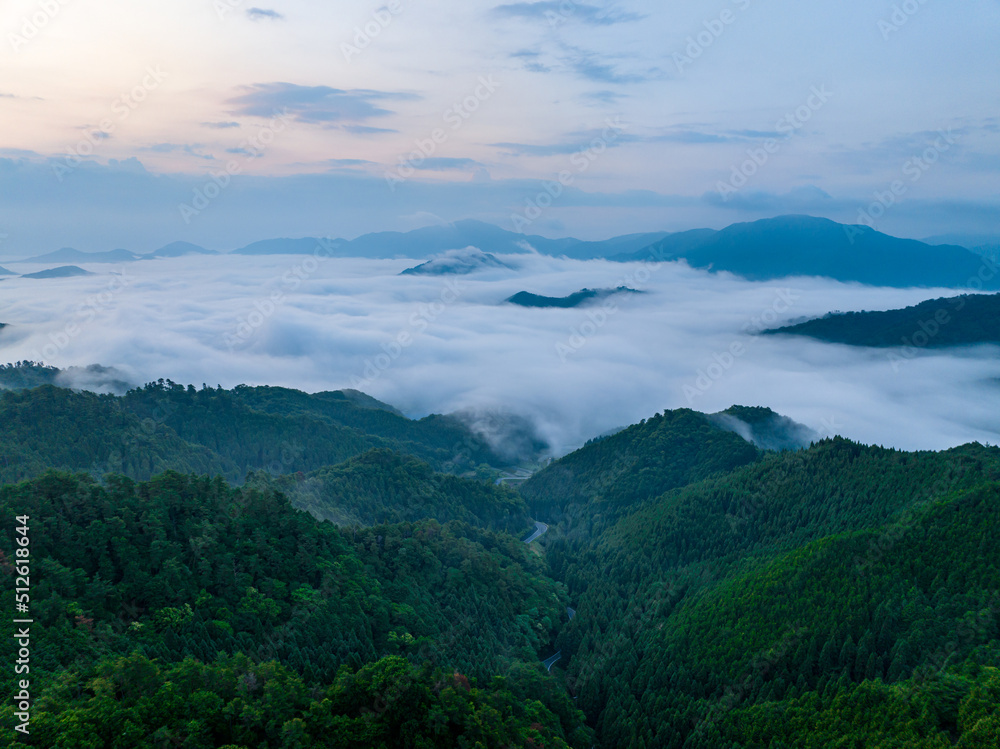 Naklejka premium Curvy mountain road leads into dense fog bank at dawn