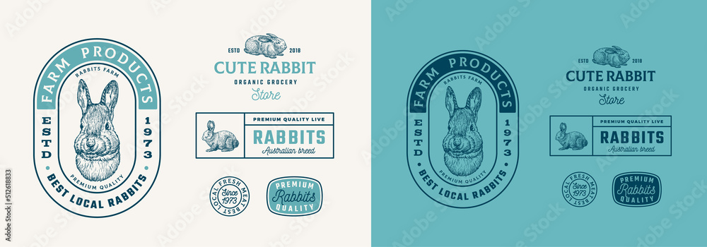 Rabbits Farm Retro Framed Badges or Logo Templates Collection. Hand Drawn Hare Face and Animals Sketches with Retro Typography. Vintage Sketch Emblems Set Isolated