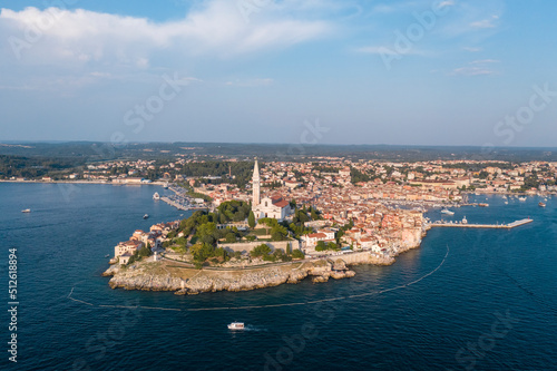 Fototapeta Naklejka Na Ścianę i Meble -  Aerial view of the old town of Rovinj with Church of Saint Euphemia on the Mediterranean sea , Rovinj, Croatia