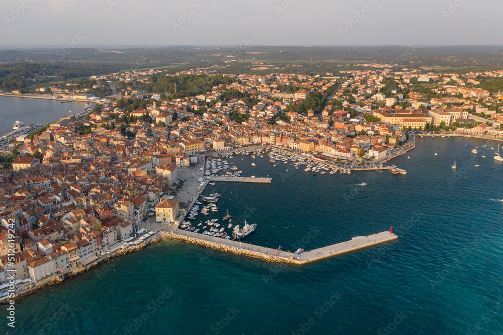 Aerial  top view of the old port of Rovinj in summer, Croatia