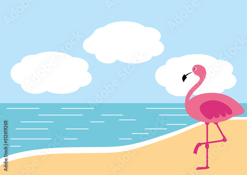 Pink flamingo on the beach. Summer wallpaper. Vector illustration.