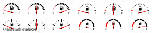 Fuel gauge indicator. Full fuel gauge icon set. Gas tank. Different dashboard auto panel equipment with arrow. Vector illustration.