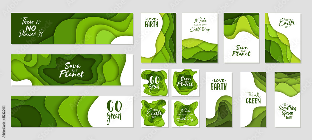 Set of 14 Earth Day abstract graphic organic paper cut shapes. Dynamical waves, fluid. Green banners with flowing lines. Template for banners, flyers or presentation eco typography.