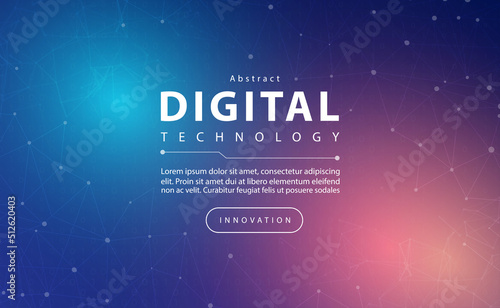 Digital technology banner pink blue background concept with technology line light effect, abstract tech, innovation future data, orange sky color, big data, lines dots connection, illustration vector