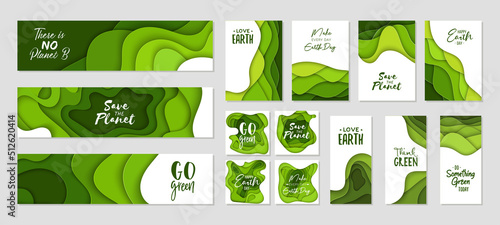 Set of 14 Earth Day abstract graphic organic paper cut shapes. Dynamical waves, fluid. Green banners with flowing lines. Template for banners, flyers or presentation eco typography.