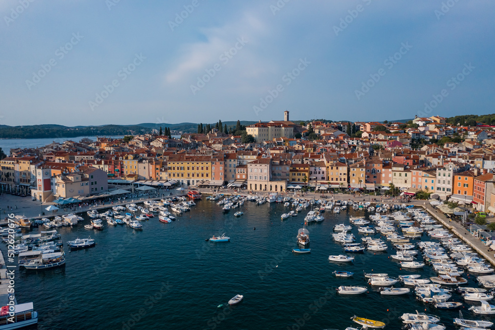 Aerial view of the coastline of Rovinj old city with the old port of Rovinj in summer, Croatia