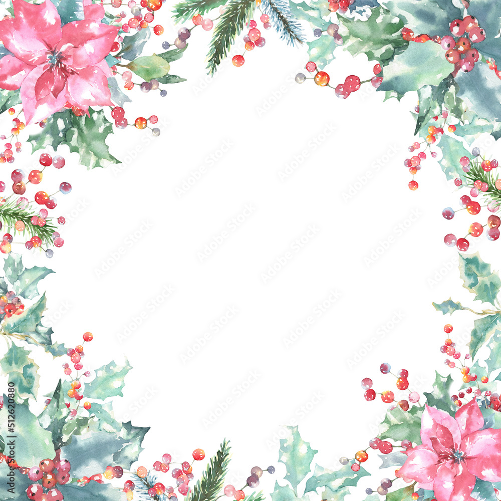 Watercolor Woodland Christmas floral frame, border illustration, Winter forest flower decoration for greeting card, poster, invitation, baby shower Merry Christmas, New Year, holiday, sticker, print